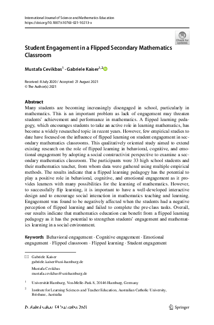 (PDF) Student Engagement in a Flipped Secondary Mathematics Classroom