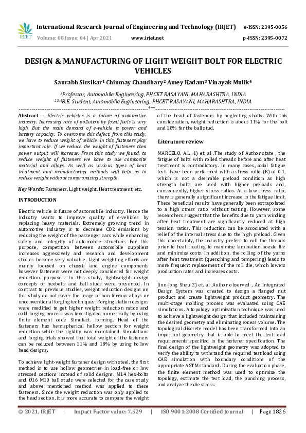 (PDF) IRJET- DESIGN & MANUFACTURING OF LIGHT WEIGHT BOLT FOR ELECTRIC ...