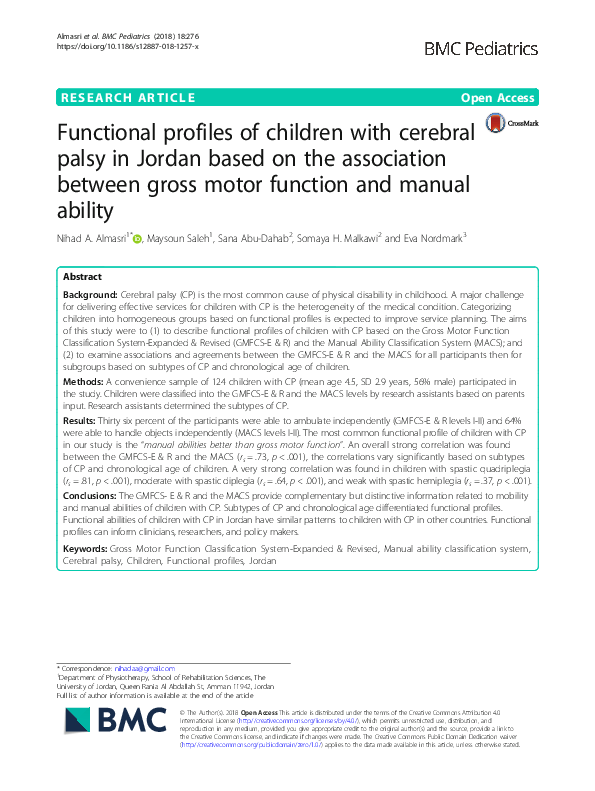 (PDF) Functional profiles of children with cerebral palsy in Jordan ...