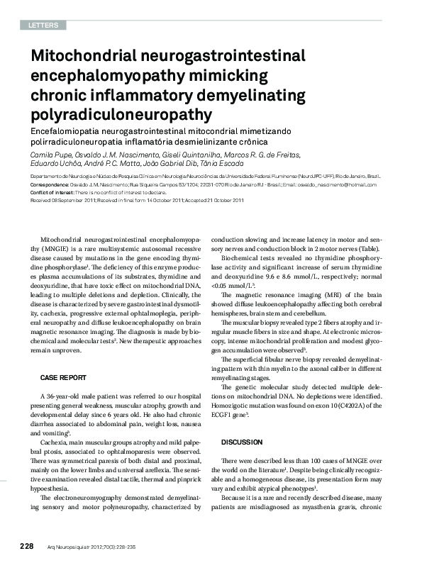 (PDF) Mitochondrial neurogastrointestinal encephalomyopathy mimicking ...
