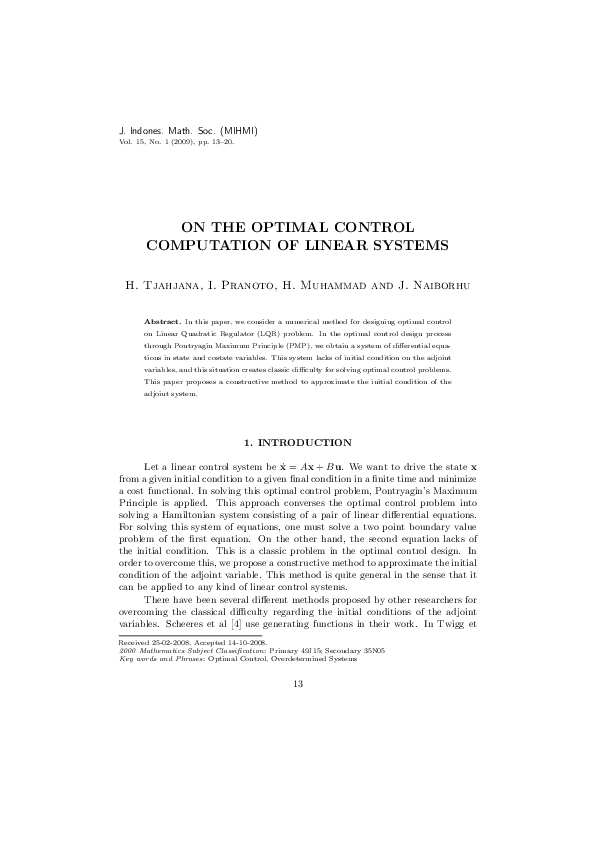 (PDF) On the Optimal Control Computation of Linear Systems