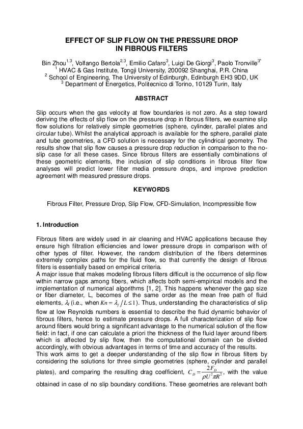 (PDF) Effect of slip flow on the pressure drop in fibrous filters