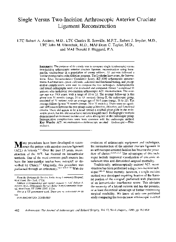 (PDF) Single versus two-incision arthroscopic anterior cruciate ...