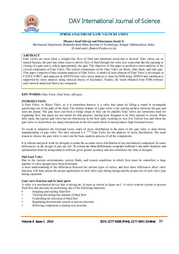 (PDF) Stress Analysis of Gate Valve by Ansys sumit dharmarao