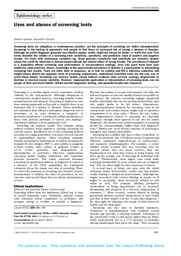 (PDF) Uses and abuses of screening tests
