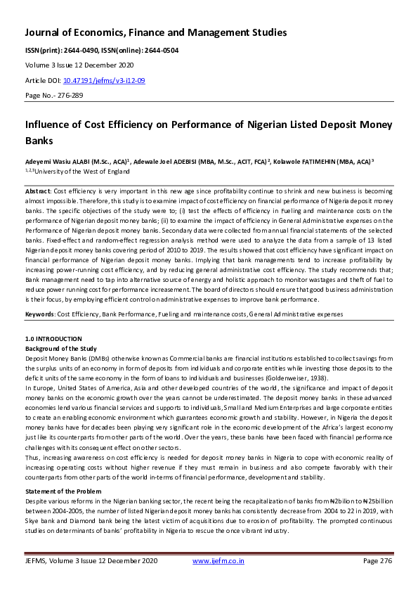 (PDF) Influence of Cost Efficiency on Performance of Nigerian Listed ...