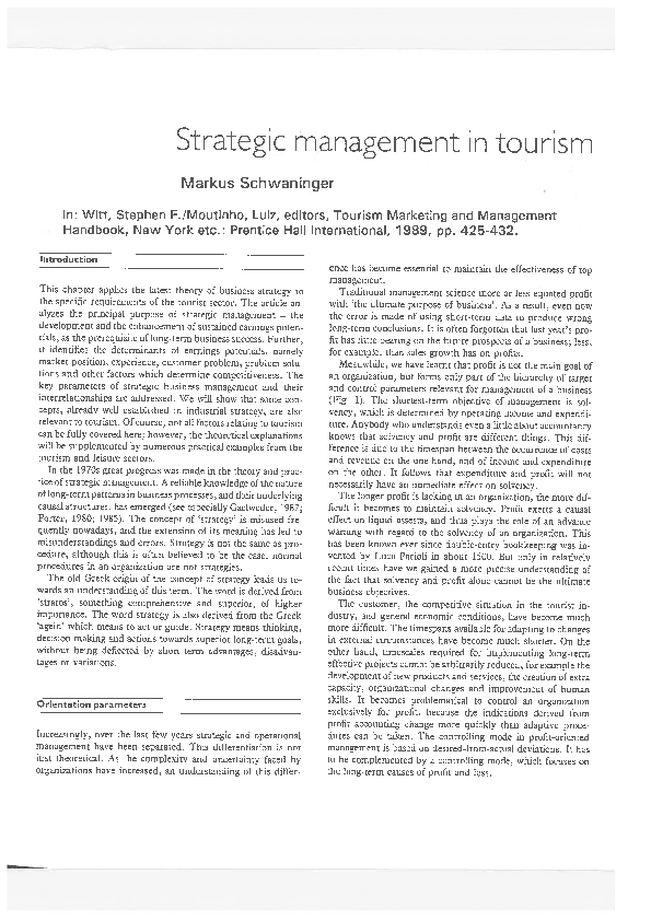 Pdf Strategic Management In Tourism