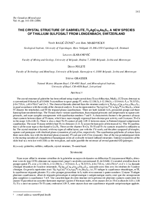 (PDF) THE CRYSTAL STRUCTURE OF GABRIELITE, Tl2AgCu2As3S7, A NEW SPECIES ...