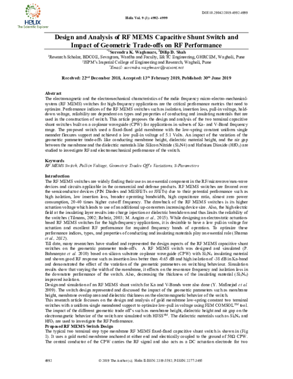 (PDF) Design and Analysis of RF MEMS Capacitive Shunt Switch and Impact ...