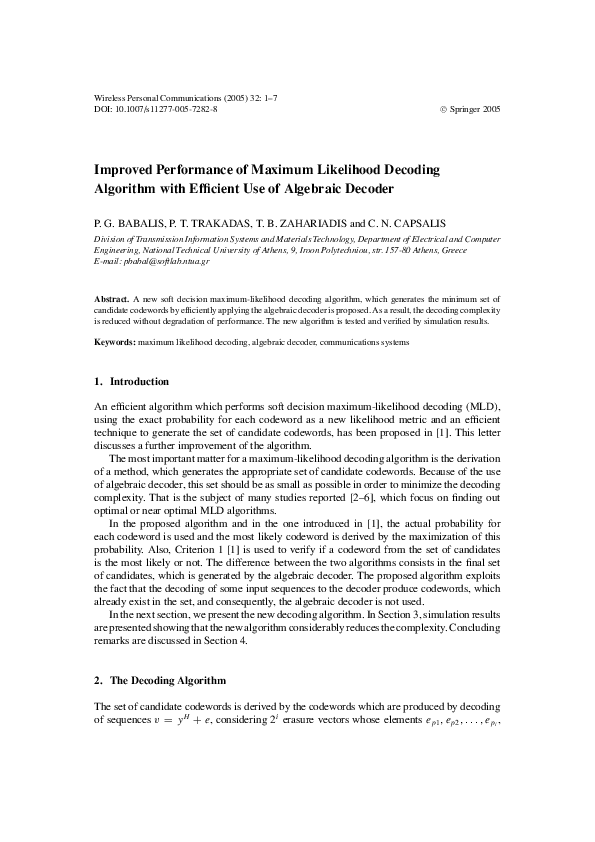 (PDF) Improved Performance of Maximum Likelihood Decoding Algorithm ...