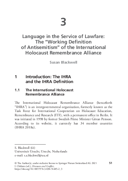 First page of “Language in the Service of Lawfare: The "Working Definition of Antisemitism" of the International Holocaust Remembrance Alliance”