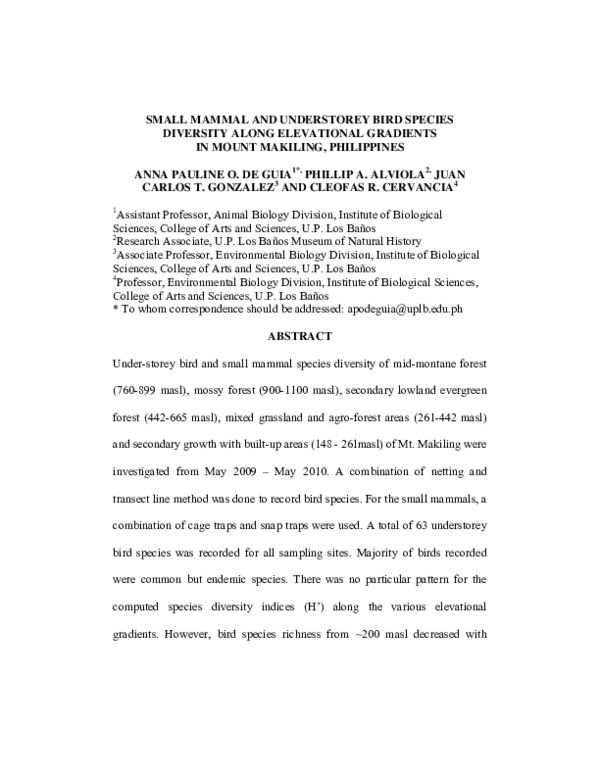 (PDF) Small Mammal And Understorey Bird Species Diversity Along ...