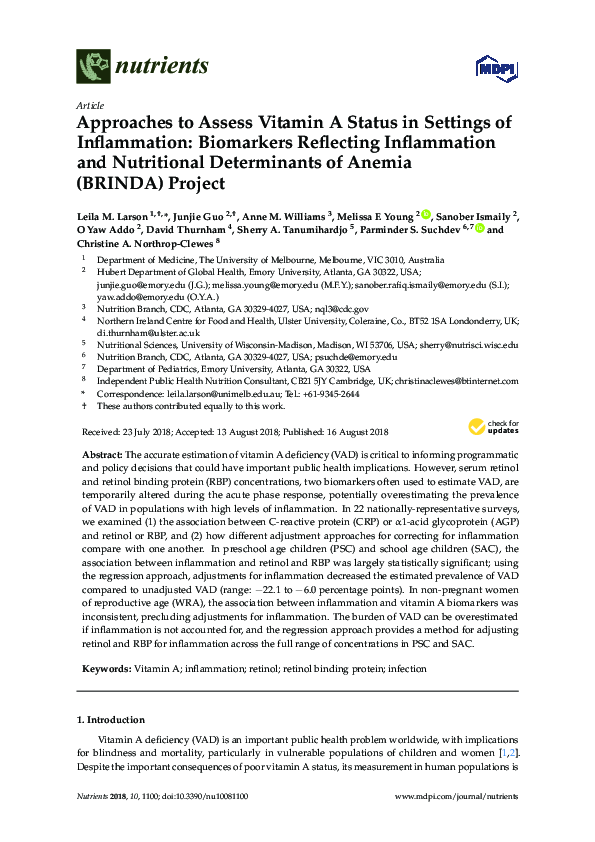 (PDF) Approaches to Assess Vitamin A Status in Settings of Inflammation ...