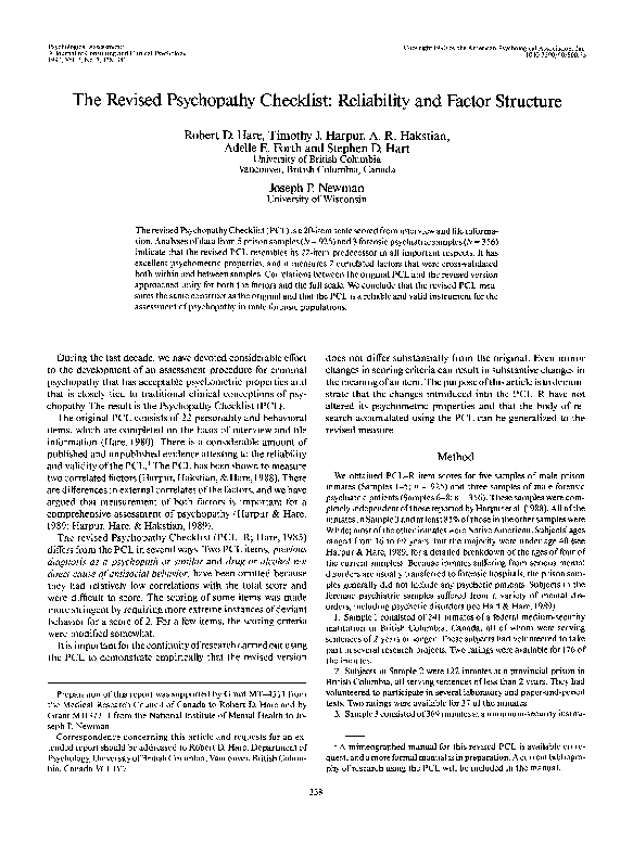 (PDF) The revised Psychopathy Checklist: Reliability and factor structure