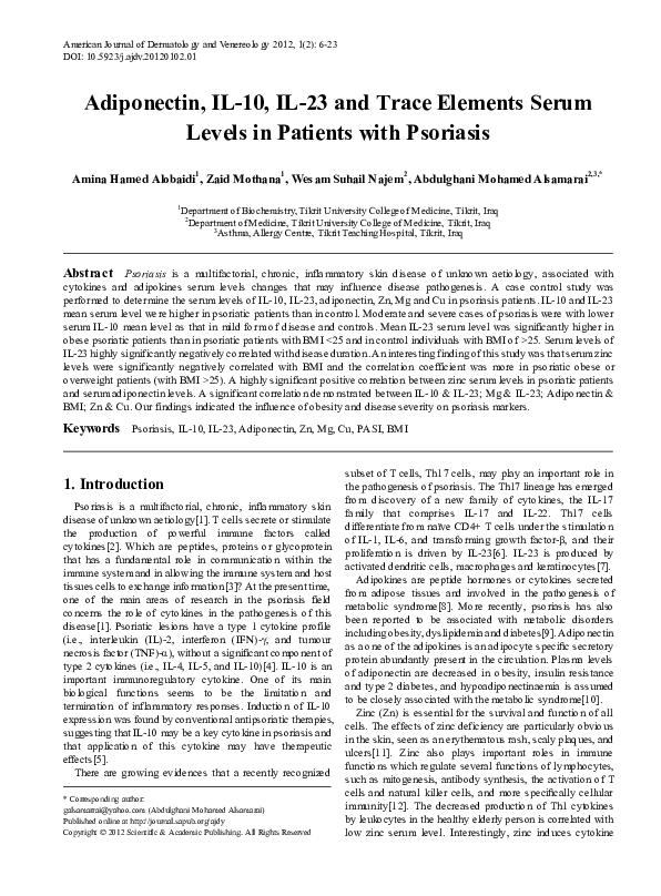 (PDF) Adiponectin, IL-10, IL-23 and Trace Elements Serum Levels in ...