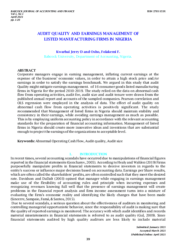 (PDF) AUDIT QUALITY AND EARNINGS MANAGEMENT OF LISTED MANUFACTURING ...