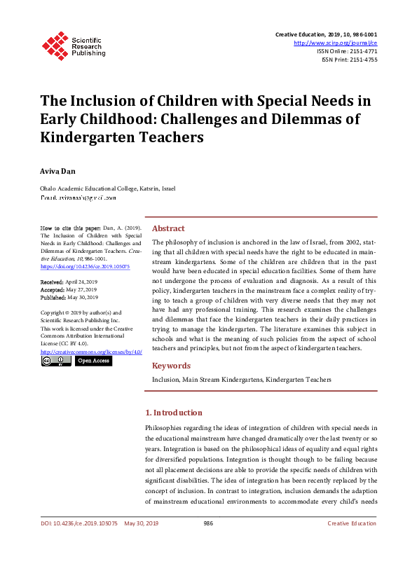 (PDF) The Inclusion of Children with Special Needs in Early Childhood ...