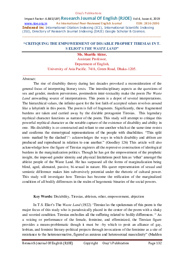 (PDF) “Critiquing the Empowerment of Dis/Able Prophet Tiresias in T. S