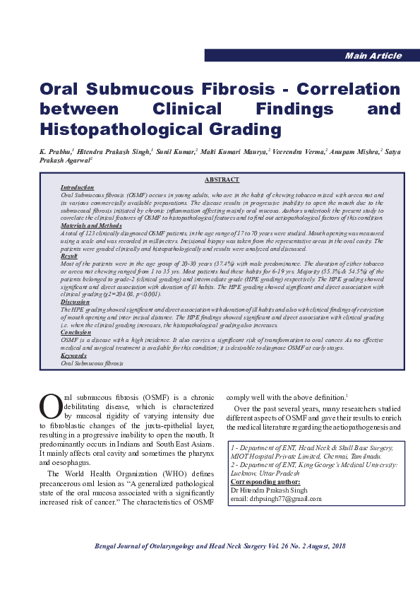 (PDF) Oral Submucous Fibrosis- Correlation between Clinical Findings ...
