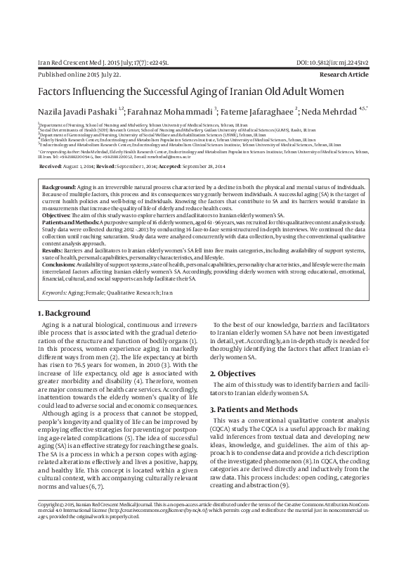 (PDF) Factors Influencing the Successful Aging of Iranian Old Adult Women