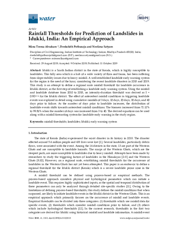 (PDF) Rainfall Thresholds for Prediction of Landslides in Idukki, India ...