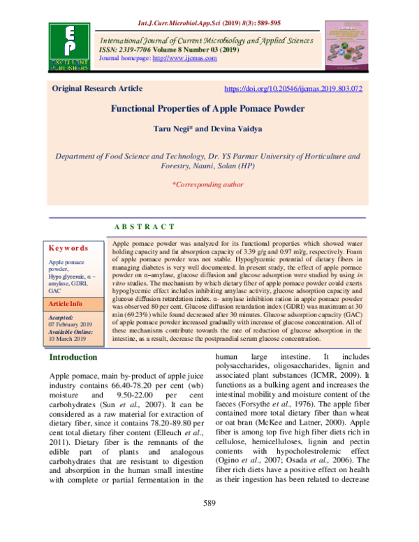 (PDF) Functional Properties of Apple Pomace Powder