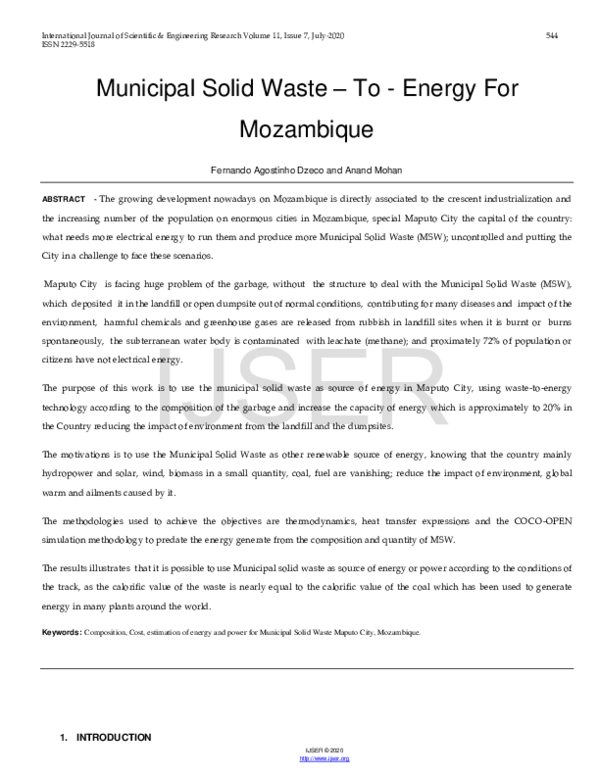 (PDF) Municipal Solid Waste To Energy For Mozambique