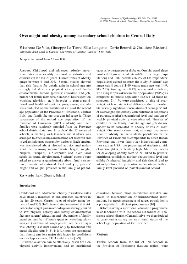 (PDF) Overweight and Obesity among secondary school children in Central ...