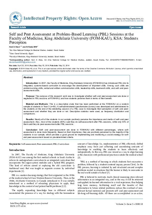 (PDF) Self and Peer Assessment at Problem-Based Learning (PBL) Sessions ...