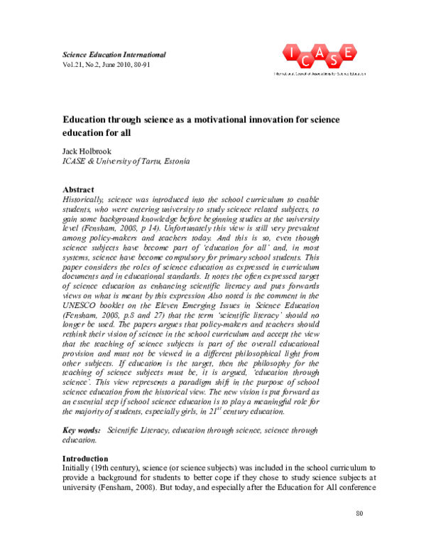 (PDF) Education through Science as a Motivational Innovation for