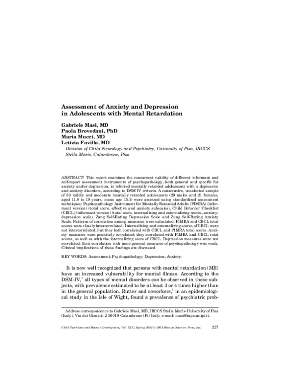 (PDF) Assessment of anxiety and depression in adolescents with mental ...