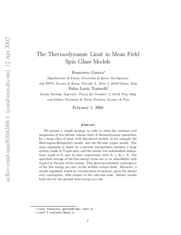 (PDF) The thermodynamic limit in mean field spin glass models