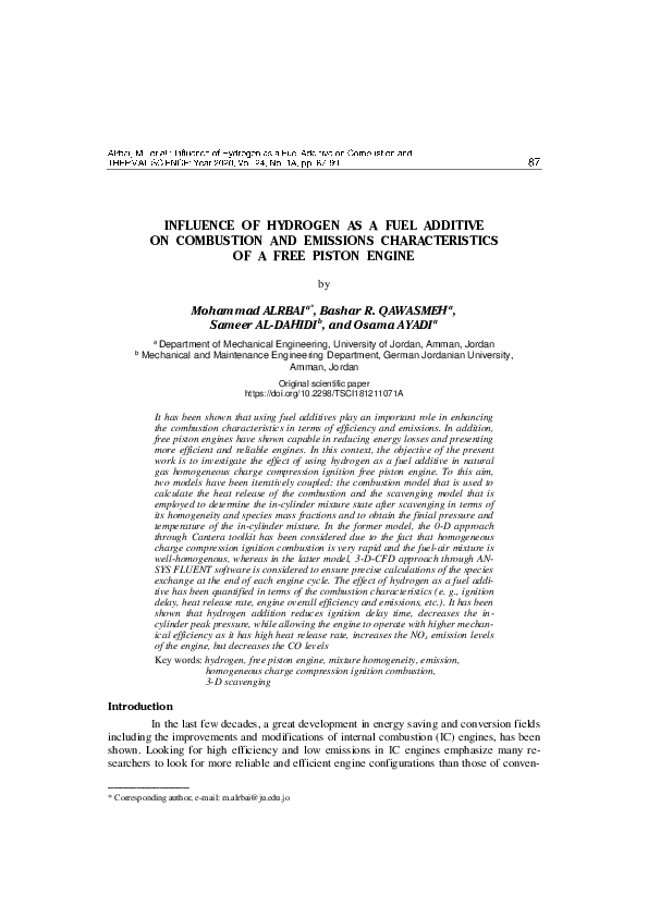 (PDF) Influence of hydrogen as a fuel additive on combustion and ...