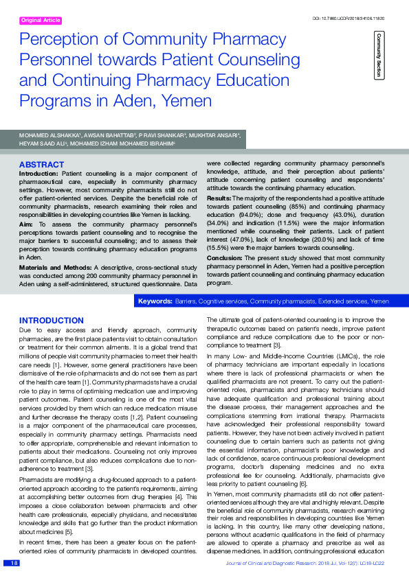 (PDF) Perception of Community Pharmacy Personnel towards Patient ...