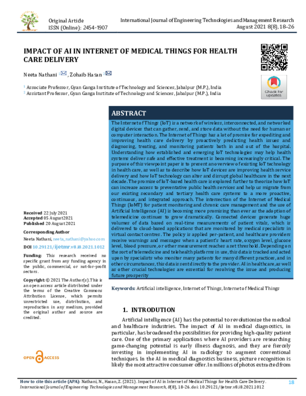 (PDF) IMPACT OF AI IN INTERNET OF MEDICAL THINGS FOR HEALTH CARE DELIVERY