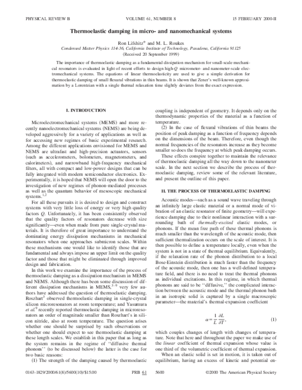 (PDF) Thermoelastic damping in micro-and nanomechanical systems