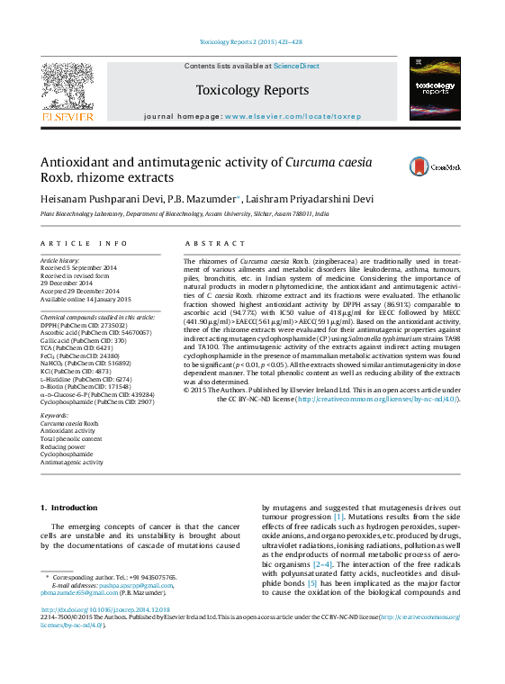 (PDF) Antioxidant and antimutagenic activity of Curcuma caesia Roxb ...