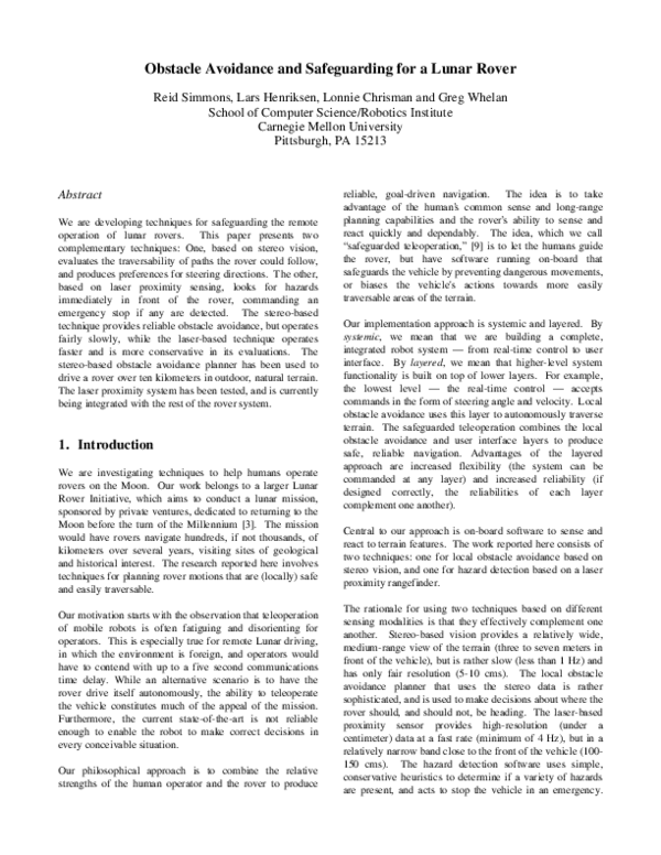 (PDF) Obstacle avoidance and safeguarding for a lunar rover