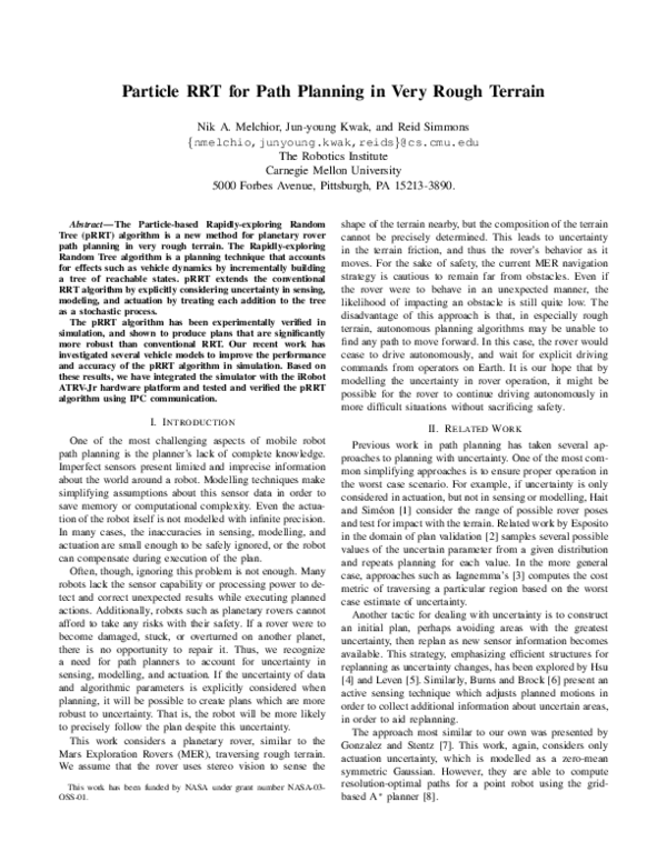 (PDF) Particle RRT for Path Planning in very rough terrain