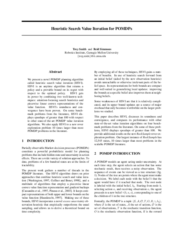 (PDF) Heuristic search value iteration for POMDPs