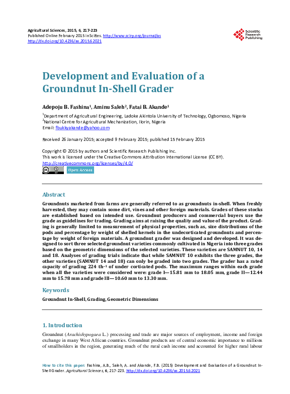 (PDF) Development and Evaluation of a Groundnut In-Shell Grader