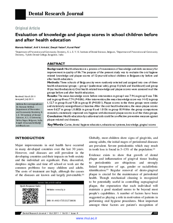 (PDF) Evaluation of knowledge and plaque scores in school children ...