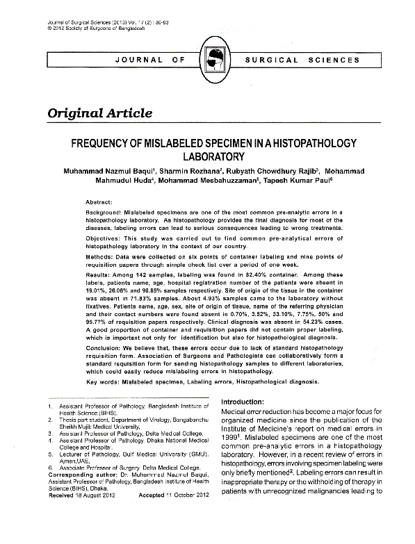 (PDF) Frequency of Mislabeled Specimen in a Histopathology Laboratory