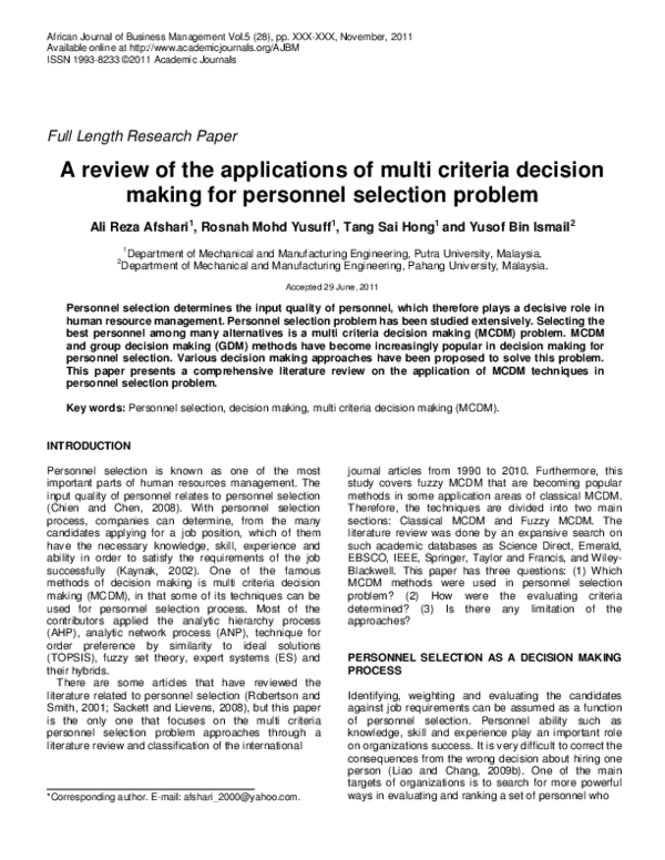 (PDF) A review of the applications of multi criteria decision making ...