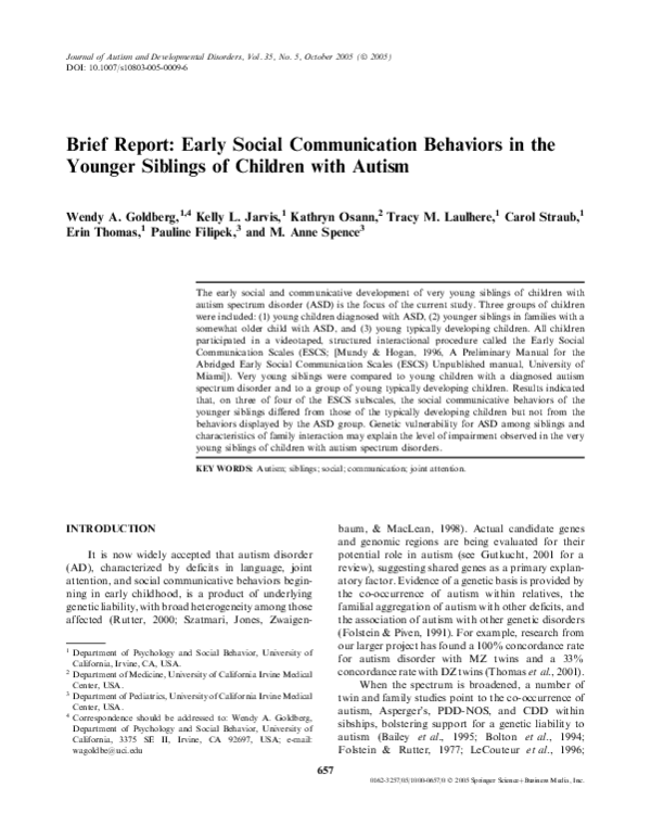 (PDF) Brief Report: Early Social Communication Behaviors in the Younger ...