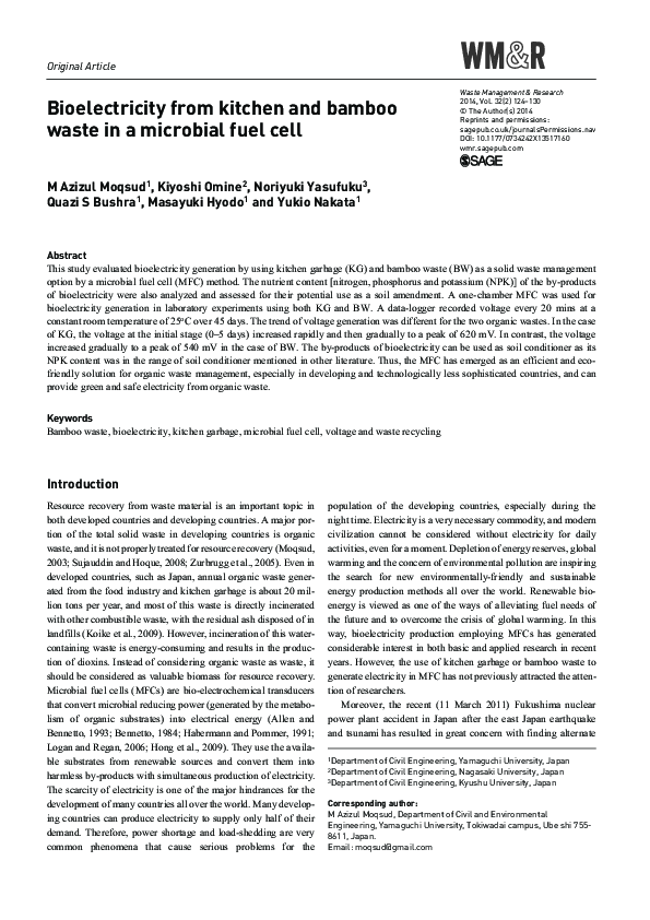 (PDF) Bioelectricity from kitchen and bamboo waste in a microbial fuel cell
