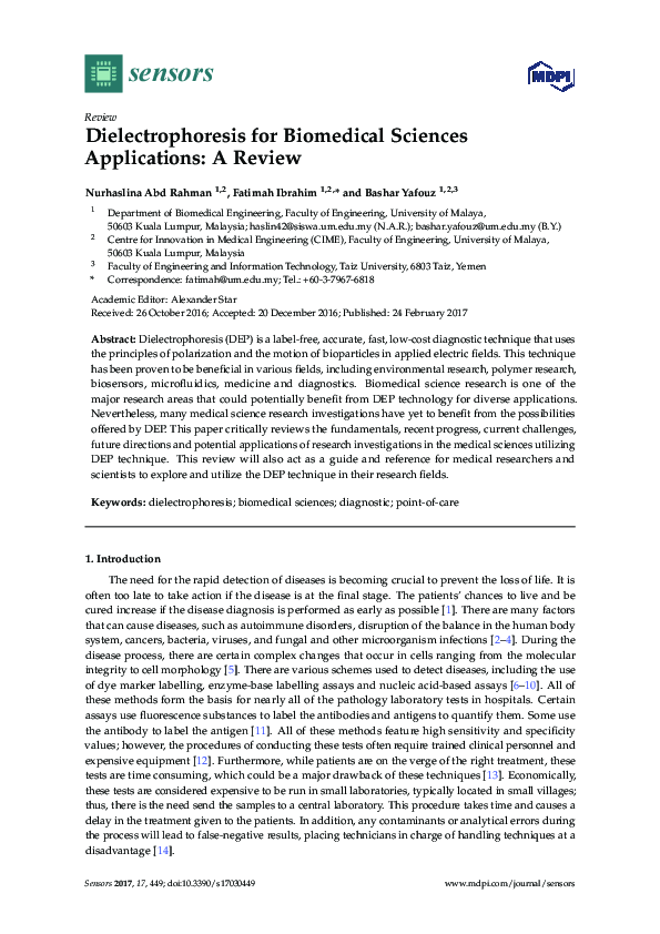 (PDF) Dielectrophoresis for Biomedical Sciences Applications: A Review