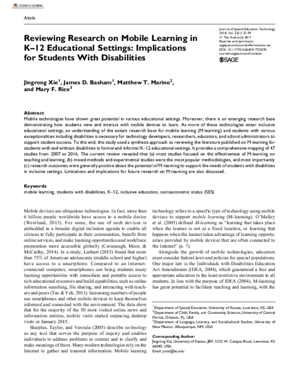(PDF) Reviewing Research on Mobile Learning in K–12 Educational Settings