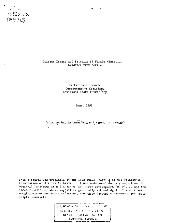 (PDF) Current Trends and Patterns of Female Migration: Evidence from Mexico