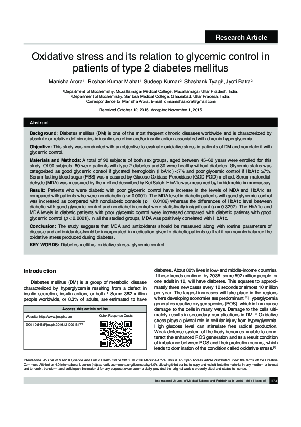 (PDF) Oxidative stress and its relation to glycemic control in patients ...